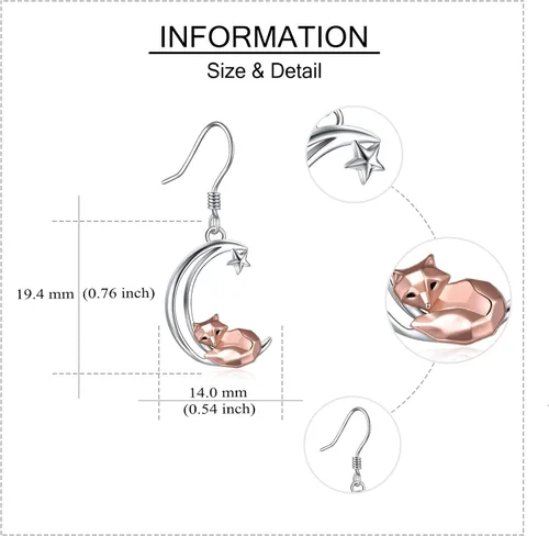 Vista 5 de Aretes de plata de ley con diseño de zorrorana para mujer diseño de zorrorana y luna