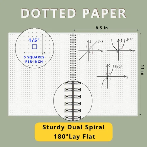Vista 3 de Cuaderno de espiral punteado de 8.5 x 11 pulgadas con papel grueso de 120 GSM, banda elástica extraíble y tapa dura transparente, 160 páginas por