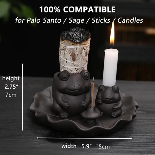 Vista 4 de ChangWanna Soporte multifuncional para incienso de rana 4 en 1, soporte de Palo Santo, soporte de salvia, soporte de incienso de cerámica