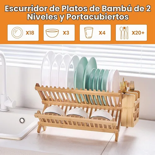Vista 4 de Escurridor de platos de bambú, estante plegable de 2 niveles con soporte para utensilios, estante de secado de platos de madera para encimera
