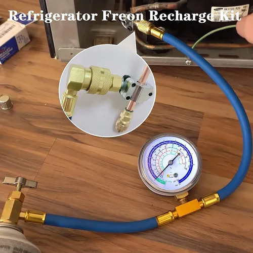 Vista 2 de Manguera de recarga de freón para refrigerador con kit de medidor-A/C R134a R12 R22, válvula de retrofit universal, con válvula BPV31 Bullet