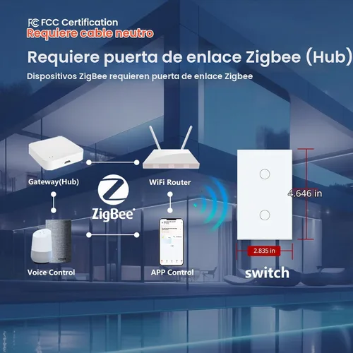 Vista 3 de Zigbee Switch Need Neutral Wire Need Zigbee Hub, blanco 2 botones