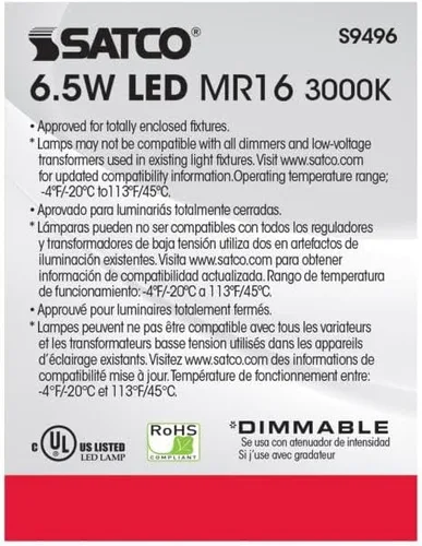 Vista 5 de Satco Lighting - Bombillas LED MR16 de bajo voltaje regulables de 6,5 W, blanco suave de 3000 K, ángulo de haz de 40 grados, base GU5.3, 12 voltios