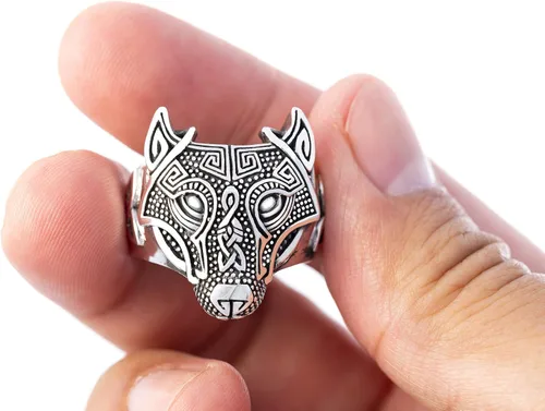 Vista 4 de Anillo de triquetra celta nórdico con cabeza de lobo vikingo de plata de ley 925 (13), Plata de ley, Sin piedras preciosas
