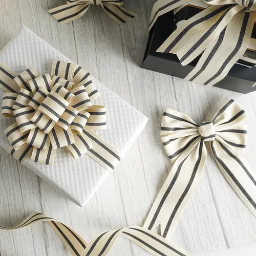 Vista 5 de MEEDEE Cinta de tela a rayas de algodón natural de 1 pulgada, cinta de rayas blancas y negras para manualidades, envoltura de regalos, decoración