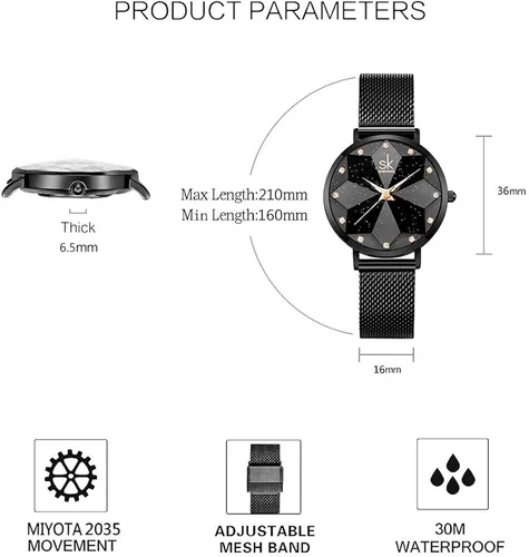 Vista 5 de SK Shengke - Reloj ultra delgado de creativo diseño minimalista floral o de cielo estrellado con extensibles de piel genuina o acero