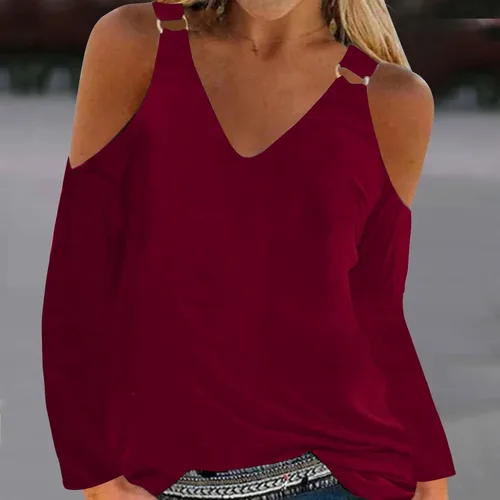 Vista 2 de Camisetas con cuello en V para mujer, color sólido, manga larga, hombros descubiertos, casuales, cómodas, sin botones, blusas básicas de invierno