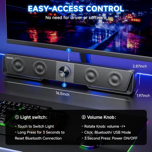 Vista 5 de Jeecoo A40 - Altavoces Bluetooth para computadora con sonido claro, altavoces USB Plug & Play para PC con luz LED, barra de sonido para computadora