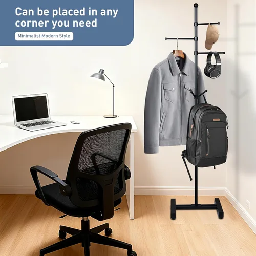 Vista 3 de Perchero de metal independiente, resistente, moderno perchero resistente soporte de árbol, 3 brazos rectos, se puede utilizar para colgar carteras