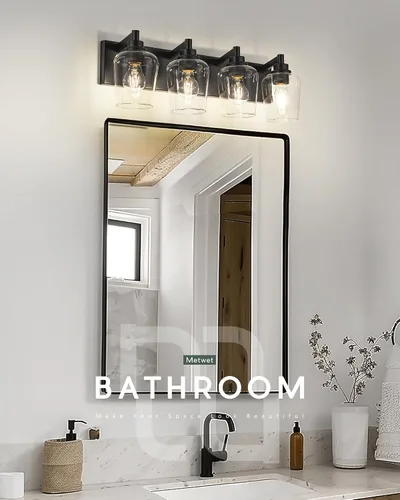 Vista 2 de Lámparas de baño, lámpara de tocador moderna de 4 luces con pantalla en forma de copa de vino de vidrio transparente, accesorios de iluminación Negro