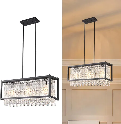 Vista 21 de LMQNINE Modernas lámparas colgantes negras para isla de cocina, lámpara de araña de cristal, iluminación colgante ajustable de granja para comedor