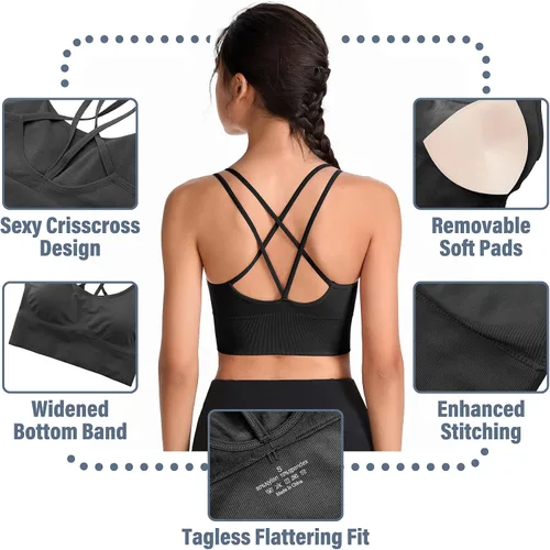 Vista 5 de Padded Sports Bras for Women Strappy Cross Back Yoga Bras Pack for Workout Fitness Running Gym Low Impact Top
