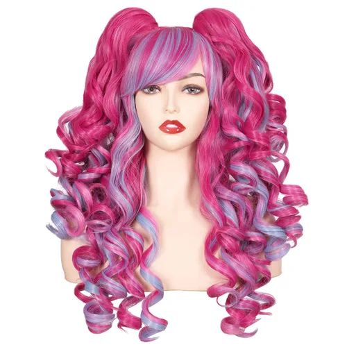 Vista 23 de ColorGround Peluca larga y rizada para cosplay con 2 colas de caballo (azul celeste)
