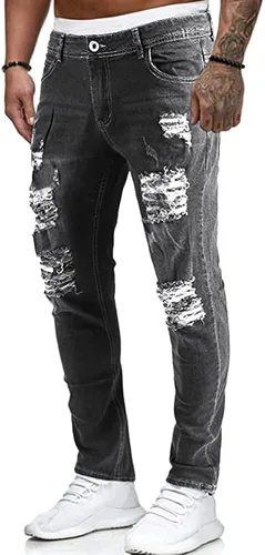 Vista 2 de Koodred Pantalones rasgados de pierna cónica para hombre, desgastados, ajustados, elásticos, jeans