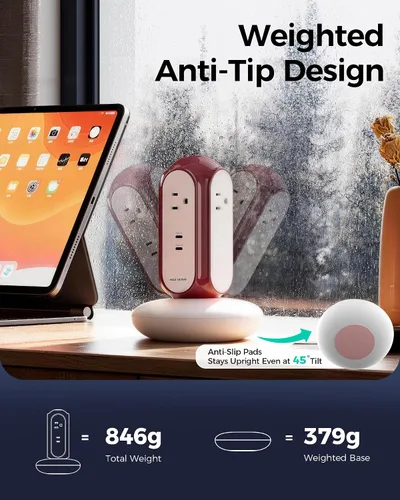Vista 7 de MiaoLab Torre de regleta de alimentación con 2 puertos USB-C (carga rápida de 30 W), protector de sobretensiones 1420J, 4 salidas de CA, cable