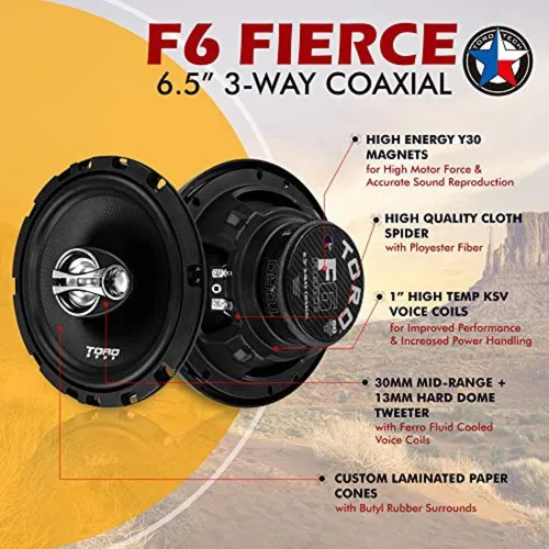 Vista 9 de Toro Audio F6 - Altavoces coaxiales de 3 vías para automóvil de 6.5 pulgadas Par de alta eficiencia de 120 W pico/60 W RMS, tweeters de 0.512 in