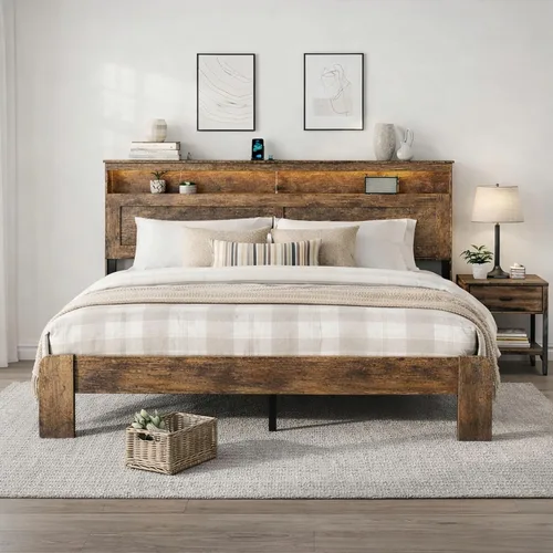 Vista 10 de Marco de cama de madera tamaño King con cabecera, base de cama de plataforma estilo granja rústica con soporte de listones de madera, resistente