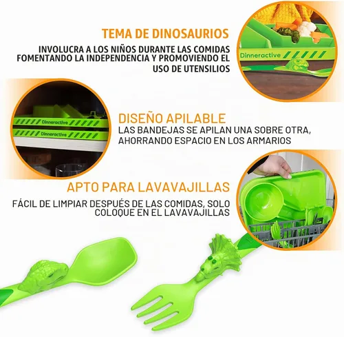 Vista 4 de Juego de vajilla Dinneractive para niños - 3 piezas de vajilla verde de dinosaurios - Utensilios de dinosaurios - Platos para niños pequeños