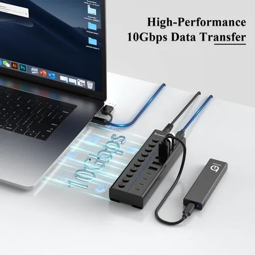Vista 3 de Concentrador USB con alimentación, concentrador USB C de 10 puertos con 6 USB-A 3.2, 4 puertos USB-C 3.2, interruptores individuales y adaptador