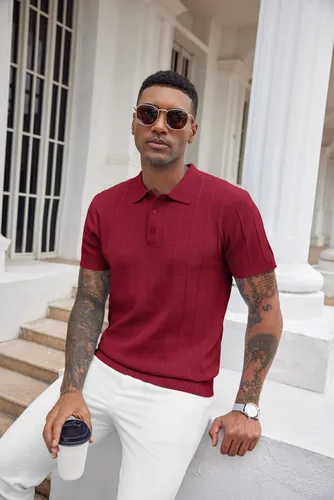 Vista 64 de COOFANDY Camisas polo de punto para hombre de manga corta con textura acanalada Camisas de golf casuales y ligeras con cuello Camiseta de polo