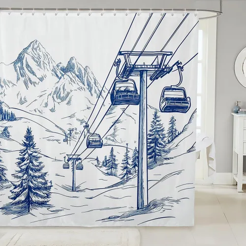 Vista 10 de Cortina de ducha de esquí negro con teñido anudado gris para niños, niñas, adultos, decoración de habitación de esquí, deportes, juegos, cortina