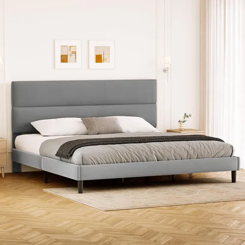 Vista 8 de GRUSIGN Base de cama de plataforma de tamaño individual con cabecera de terciopelo, soporte de listones de madera de altura ajustable, base de Beige