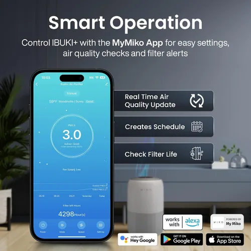 Vista 5 de MIKO Purificador de aire para dormitorio con filtro HEPA 3 en 1 y modo de sueño, silencioso como un susurro, cubre hasta 1200 pies cuadrados