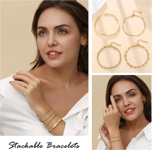 Vista 2 de Delicadas pulseras de oro para mujer, chapadas en oro de 18 quilates, ajustables, apilables, juego de pulseras de circonita cúbica en capas