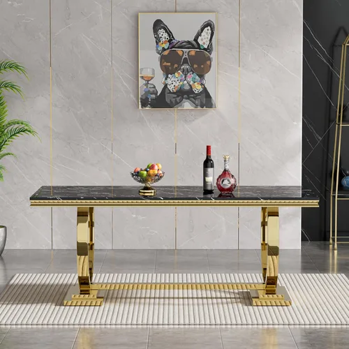Vista 4 de Juego de 5 mesas de comedor, juego de mesa de cocina y comedor para 4, mesa de comedor rectangular de mármol sintético negro de 70 pulgadas con base