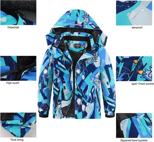 Vista 6 de Chaquetas de esquí para niños, impermeable, abrigo de invierno con forro polar, resistente al viento, chaqueta de snowboard con capucha desmontable