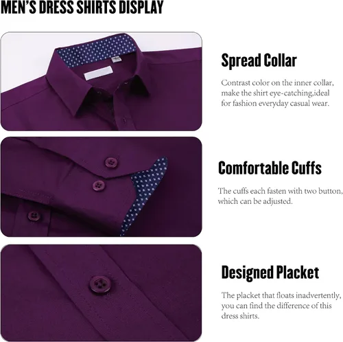 Vista 3 de SAMERM Camisa de vestir para hombre, ajuste regular, manga larga, con botones, para hombre (S-2XL)