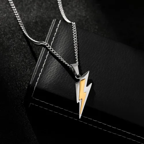 Vista 4 de Yumikoo Collar con colgante de acero inoxidable con rayo dorado para hombre y mujer
