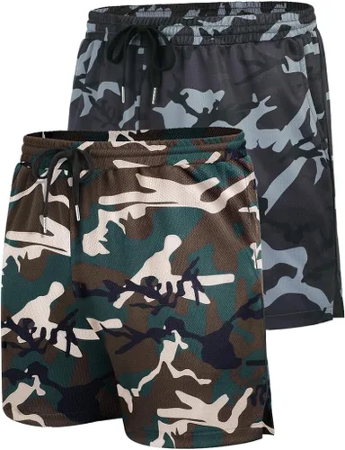 Vista 4 de COOFANDY Paquete de 2 pantalones cortos de entrenamiento de gimnasio para hombre, pantalones de malla ligeros para culturismo, entrenamiento