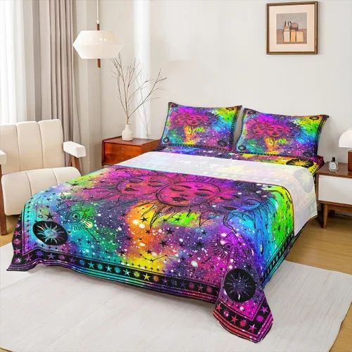 Vista 40 de Erosebridal Juego de sábanas tamaño individual con estampado de luna, diseño de flores de loto, color morado degradado, juego de sábanas orientales