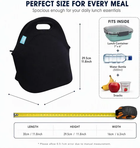 Vista 2 de Bolsa de almuerzo impermeable Ofeily para viandas con material de neopreno fino, bolsa de mamá, Negro