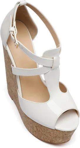 Vista 6 de YODEKS Sandalias de plataforma para mujer, tacón de cuña, correa de tobillo, puntera abierta, moda de verano, oficina, fiesta