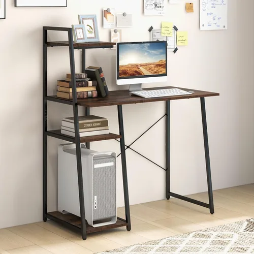 Vista 7 de COSTWAY Escritorio para computadora con estantes de almacenamiento de 4 niveles, mesa de escritorio de oficina en casa con marco resistente