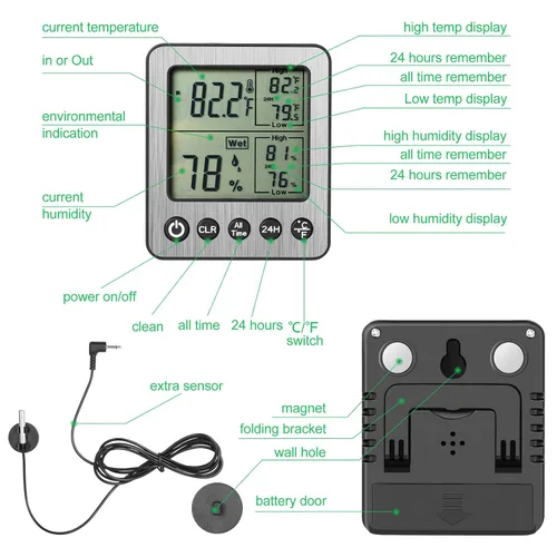 Vista 5 de Termómetro Digital para Refrigerador y Congelador con Sensor Extra Termómetro para Reptiles Higrómetro Máximo y Mínimo Recordatorio Negro ZZ20
