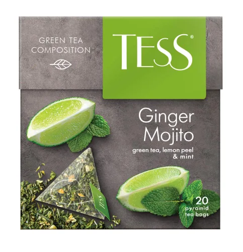 Vista 2 de Tess Composición de té verde jengibre Mojito cáscara de limón y té de hoja de menta en 20 sobres piramidales