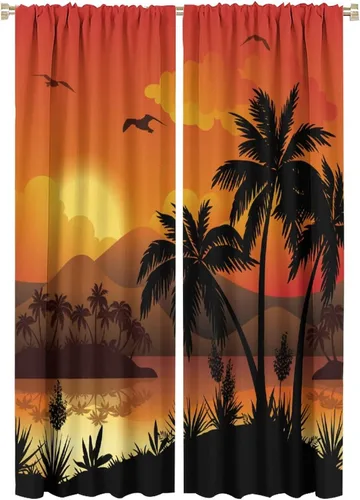 Vista 21 de Cortinas de playa con estampado de plantas tropicales y árboles de coco, paisaje natural, con bolsillo para barra, 2 paneles, decoración