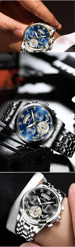 Vista 4 de YingHwa Relojes para hombres Multifuncional Reloj de Negocios Luminoso Impermeable de Acero Inoxidable Reloj para Hombre Hollow Tourbillon Diseño