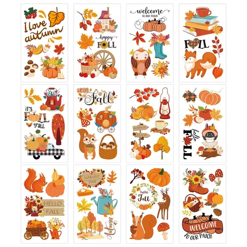 Vista 3 de 65 piezas de tatuajes temporales de otoño para niños, 12 hojas de cosecha de otoño, Acción de Gracias, calcomanías temporales de tatuaje