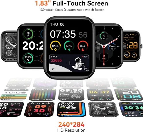 Vista 3 de Reloj inteligente con Alexa integrado, llamadas y notificaciones Bluetooth, monitor de salud HD de 1.83 pulgadas, frecuencia cardíaca 24/7 y Negro