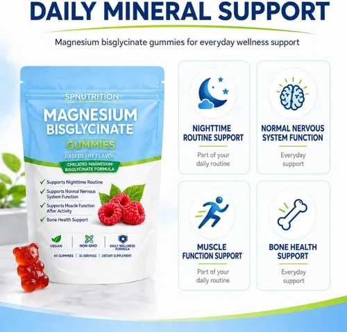 Vista 3 de Spnutrition Gomitas de bisglicinato de magnesio, 400 mg por porción, 60 unidades Sal marina, polvo de fruta de frambuesa, apoyo de bienestar