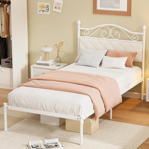 Vista 8 de Elephance Base de cama individual con cabecero tapizado, plataforma de metal con espacio de almacenamiento de 11.2 pulgadas, con botón capitoné,
