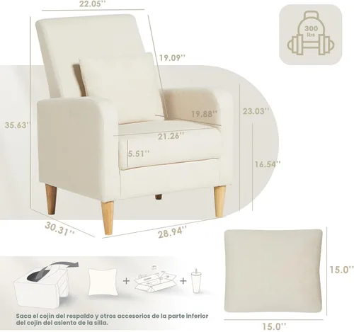 Vista 2 de COLAMY Silla decorativa moderna Mid-Century tapizada de tela con almohada trasera y patas de madera maciza, cómodo sillón para sala de estar Beige