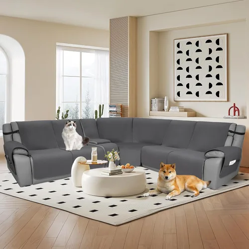 Vista 9 de Juego de fundas de terciopelo 100% impermeables para sofá seccional reclinable en forma de L, 8 piezas, fundas acolchadas para sofá reclinable Gris