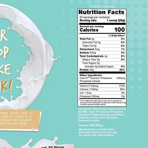 Vista 2 de Bariatric Eating Inspire Tropical Coconut - Polvo aislado de proteína de suero de leche con calcio (0.71 oz)