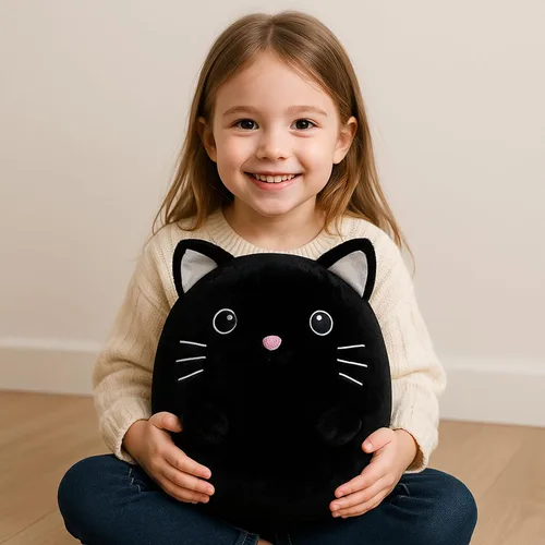 Vista 6 de WEIGEDU Gatito negro de peluche con ojos bordados para niño y niña, decoración de Halloween, cojín de almohada, sofá, regalos de inauguración