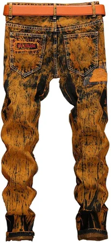 Vista 2 de utcoco Jeans clásicos de mezclilla para hombre, corte ajustado, cintura media, pierna recta, rasgados, desgastados, con parches de mezclilla clásicos